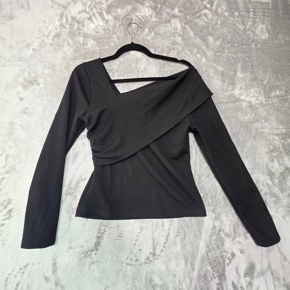 SHEIN Women Black Ribbed Asymmetrical Wrap Front Long Sleeve Top sz L 1514